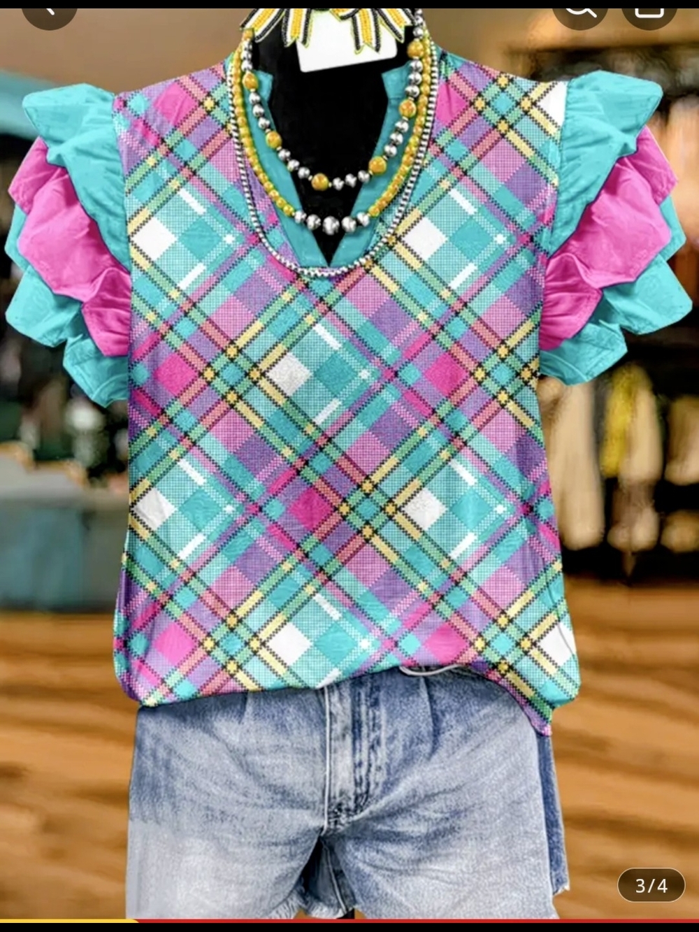Vibrant Plaid Ruffle Sleeve Blouse